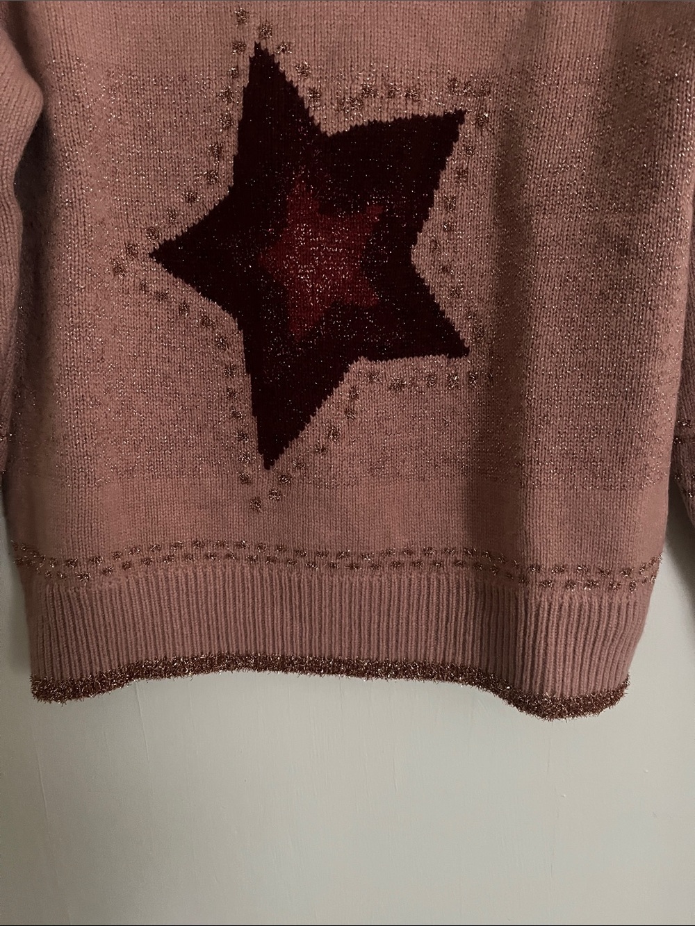 Coach Blush Pink Crewneck Sweater with burgsndy Star and sparkle stitching - Picture 5 of 7